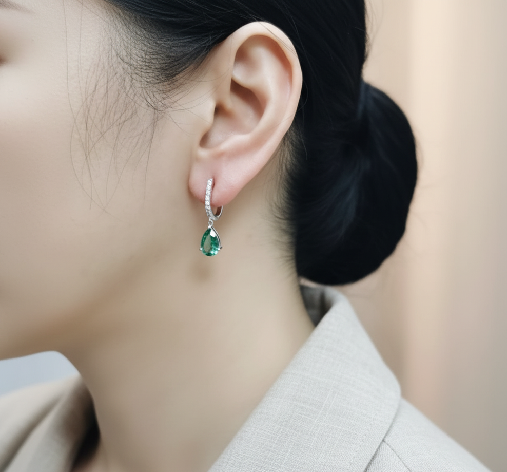 18K white gold pear-shaped emerald drop earrings with pavé diamond hoops – Emirates Diamonds