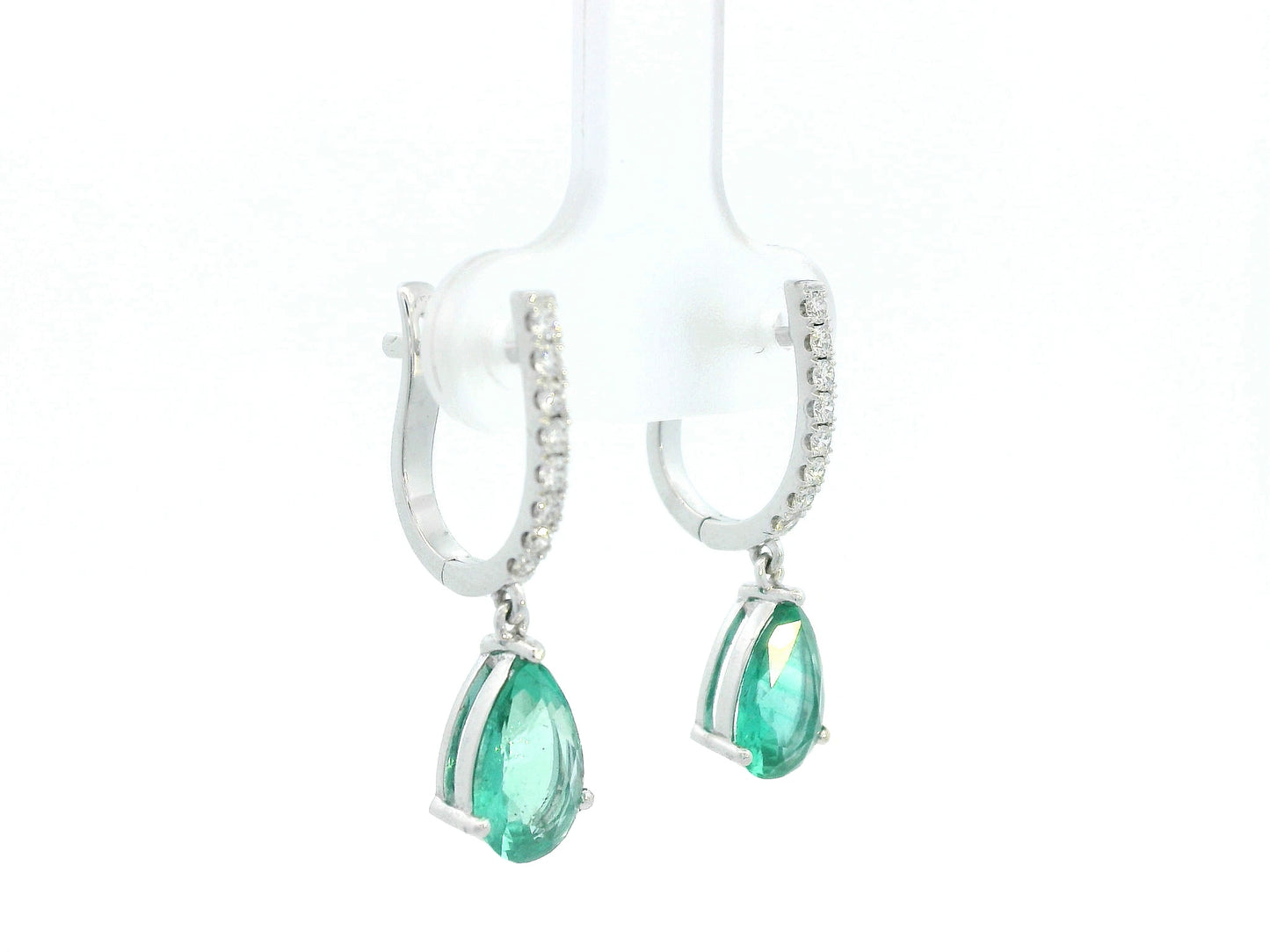 18K white gold drop earrings with pear-shaped emeralds totaling 2.05 carats and 0.22 carats of round diamonds
