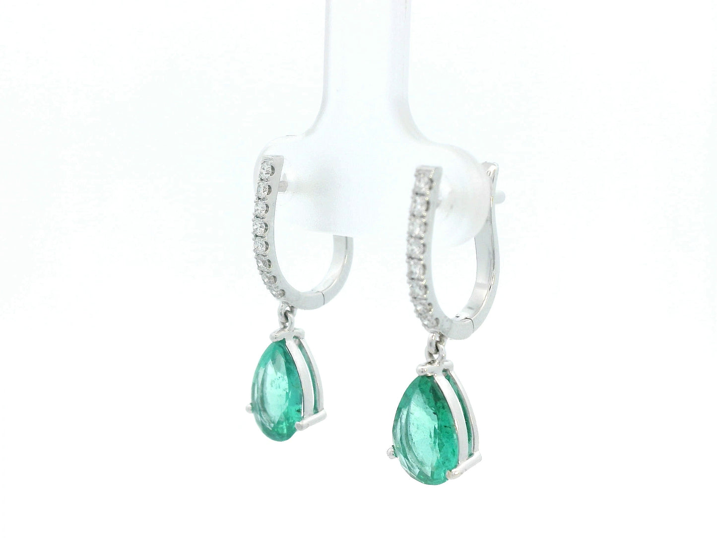 18K white gold drop earrings with pear-shaped emeralds totaling 2.05 carats and 0.22 carats of round diamonds