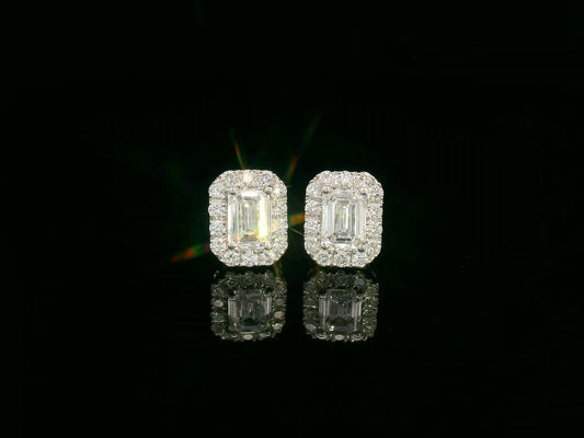 18K white gold emerald-cut diamond halo stud earrings with 1.04ct GIA diamonds and 0.35ct halo accents