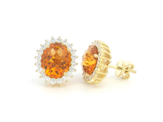 Oval amber-hued citrine stud earrings in 18K yellow gold with diamond sunburst halo – 5.35 carats total