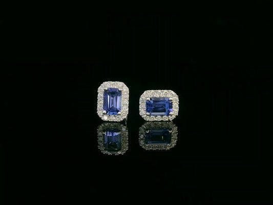 Emerald-cut Tanzanite and diamond halo stud earrings in 18K white gold