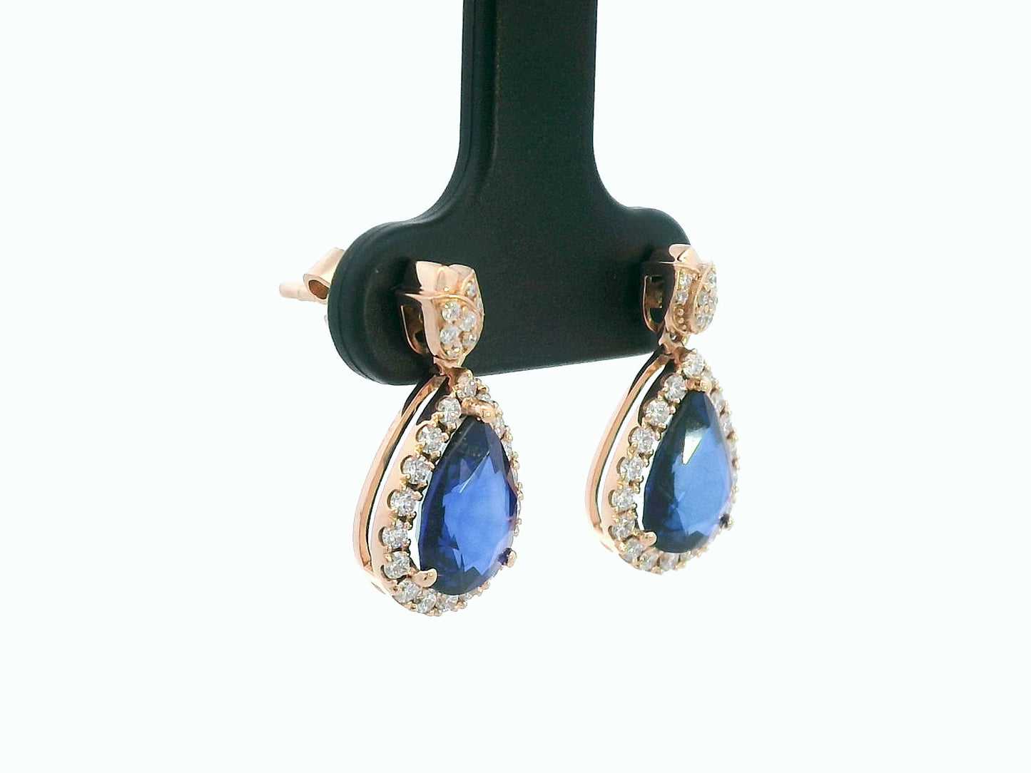 18K rose gold pear-shaped blue sapphire drop earrings with diamond halo and tulip motif