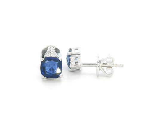 18K white gold cushion-cut sapphire stud earrings with diamond trios