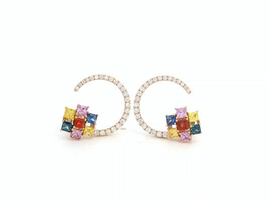 18K rose gold half-moon earrings with multicolour sapphires and diamonds