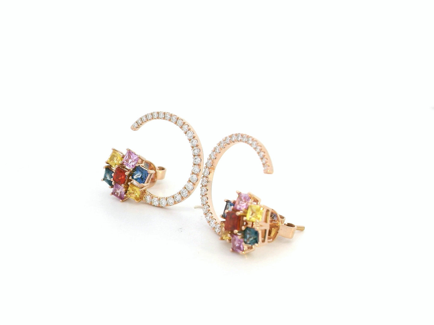 Artistic earrings with princess-cut sapphire mosaic and diamond curve