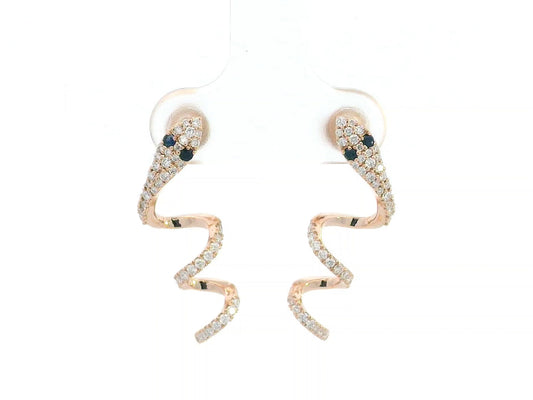 8K rose gold serpent earrings with diamond pavé and sapphire eyes
