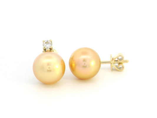 18K yellow gold golden pearl stud earrings with diamond accents