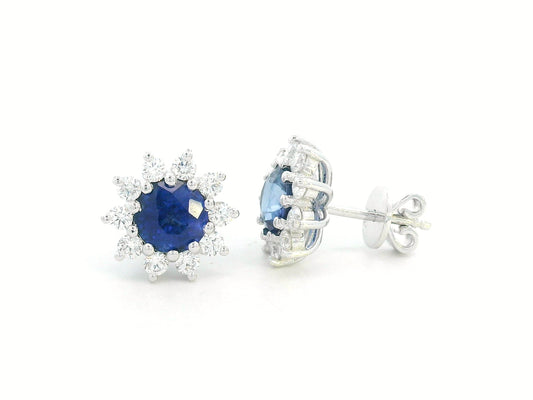 18K white gold sapphire and diamond sunburst halo stud earrings