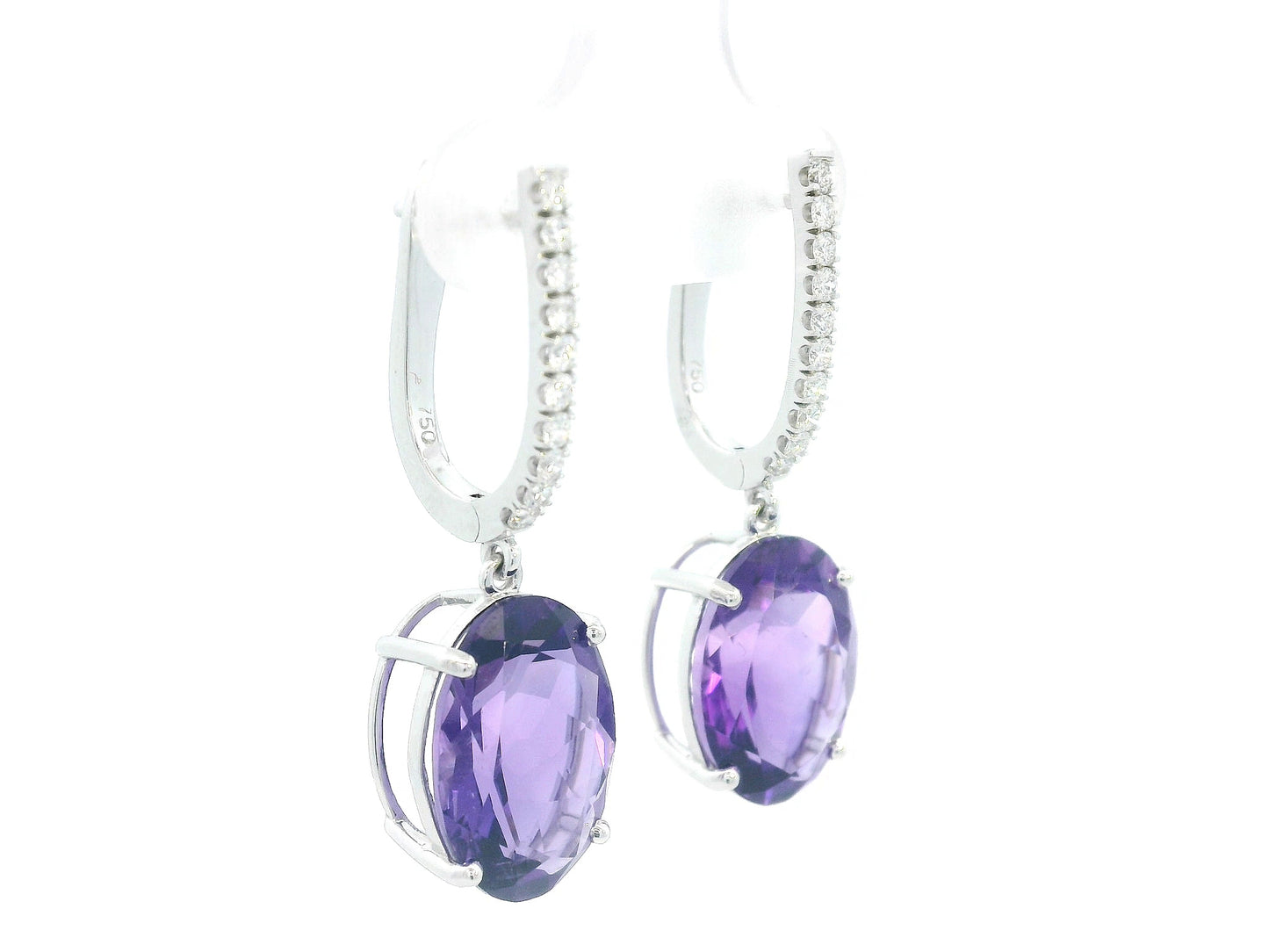 Oval amethyst drop earrings in white gold