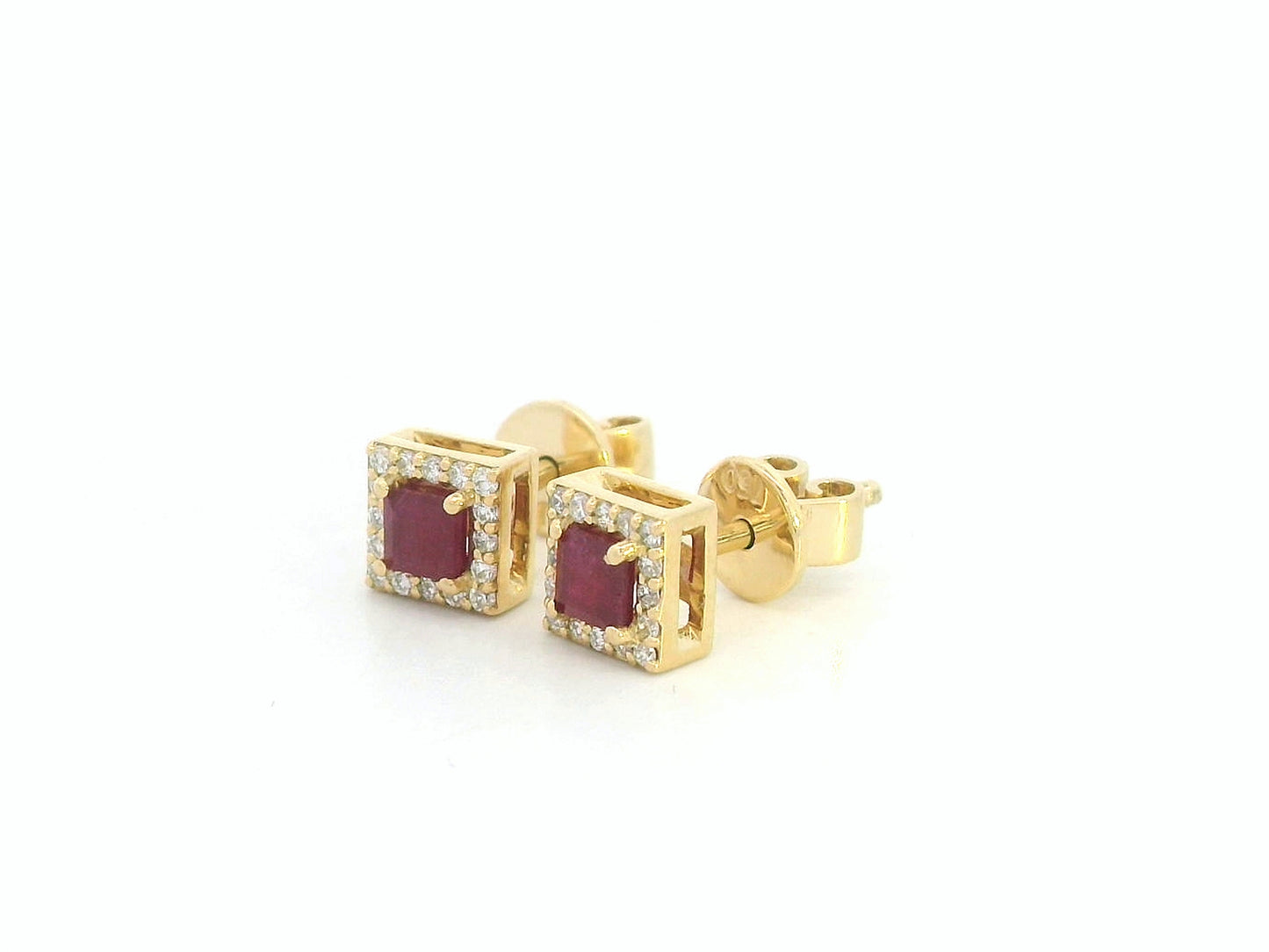 18K yellow gold ruby and diamond halo earrings,