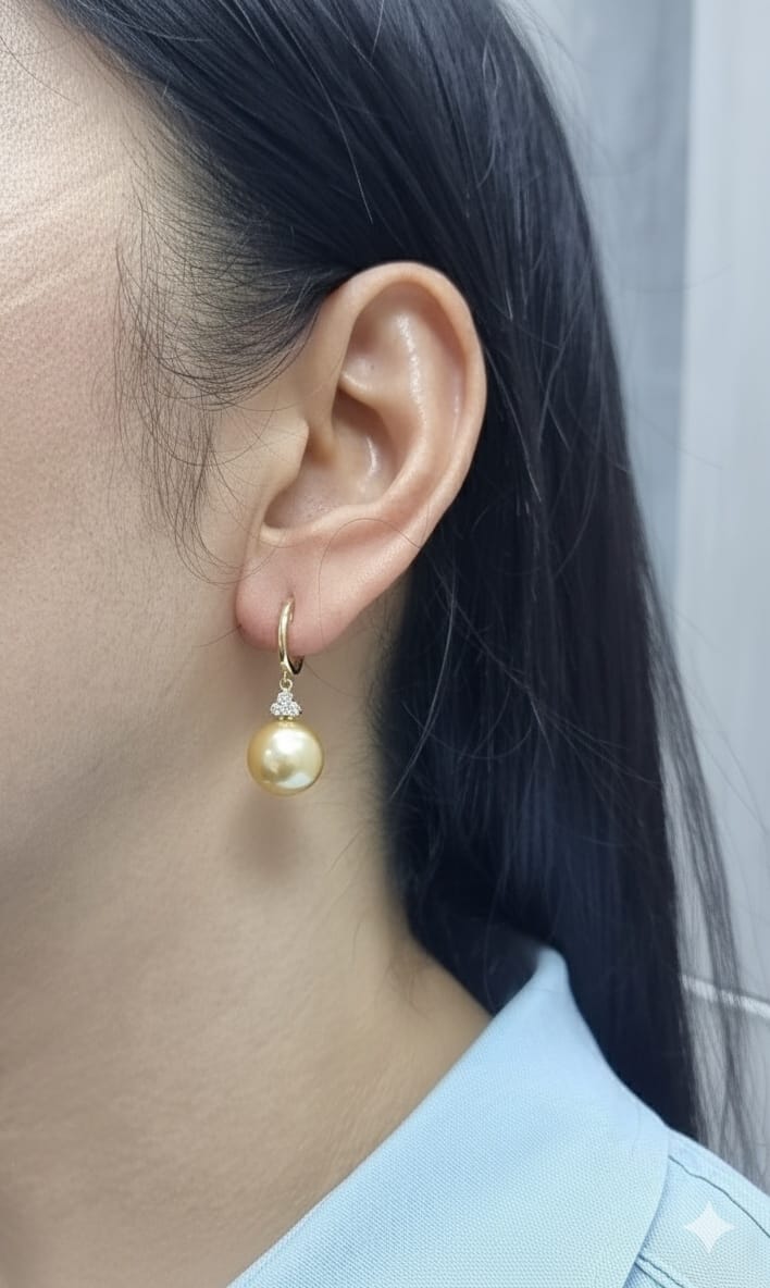 18K Yellow Gold South Sea Pearl Earrings with Diamond Accents