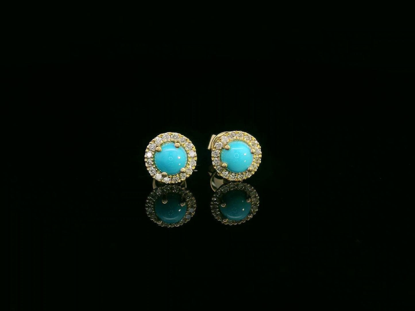 18K yellow gold dainty turquoise and diamond halo stud earrings, 0.55ct turquoise, versatile for multiple ear piercings