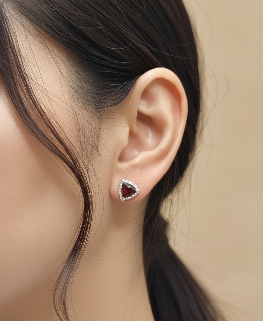 18K yellow gold garnet and diamond halo stud earrings – 2.59ct trillion-cut garnet with 0.23ct diamond halo, fine jewelry by Emirates Diamonds