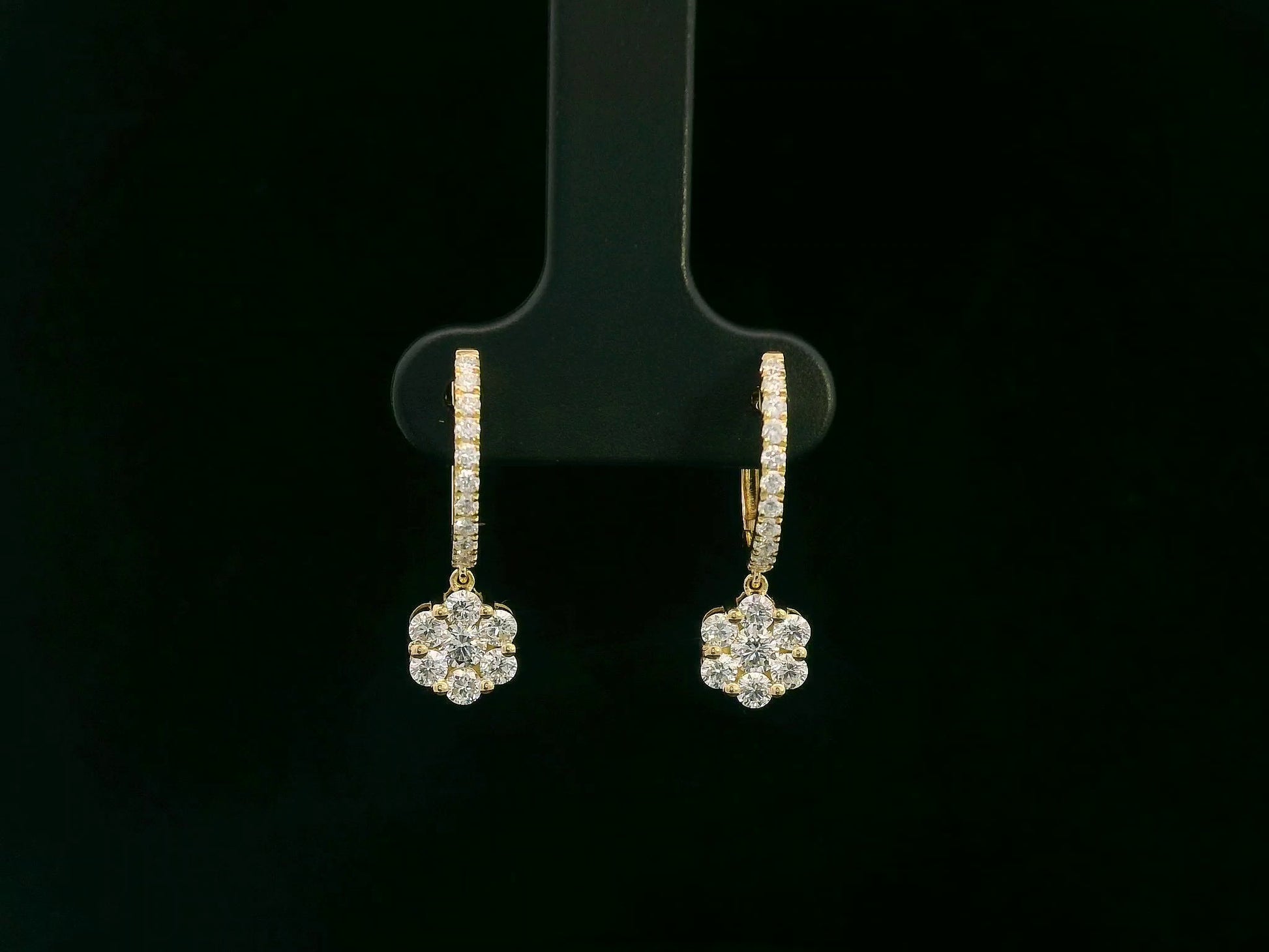 18K yellow gold hoop earrings with pavé-set diamonds and floral diamond drops, total 0.91 carat