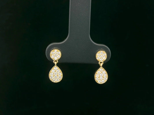 18K yellow gold diamond pavé double drop earrings with round and teardrop design, total 0.25ct