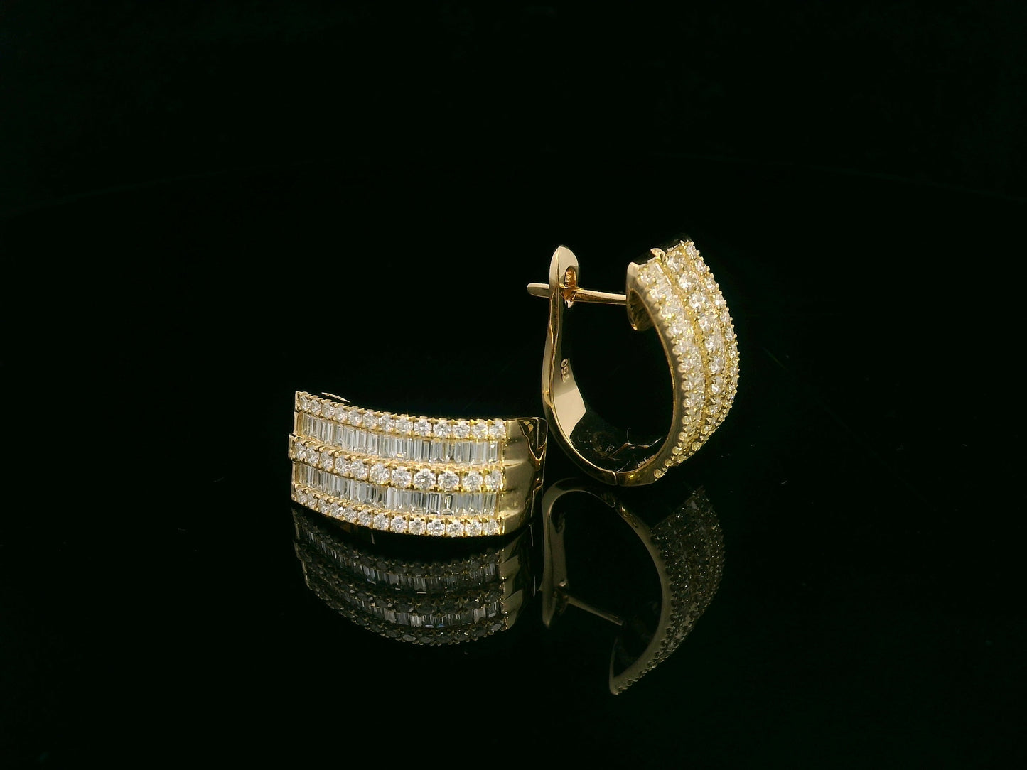 18K yellow gold diamond hoop earrings with baguette and round-cut diamonds by Emirates Diamonds
