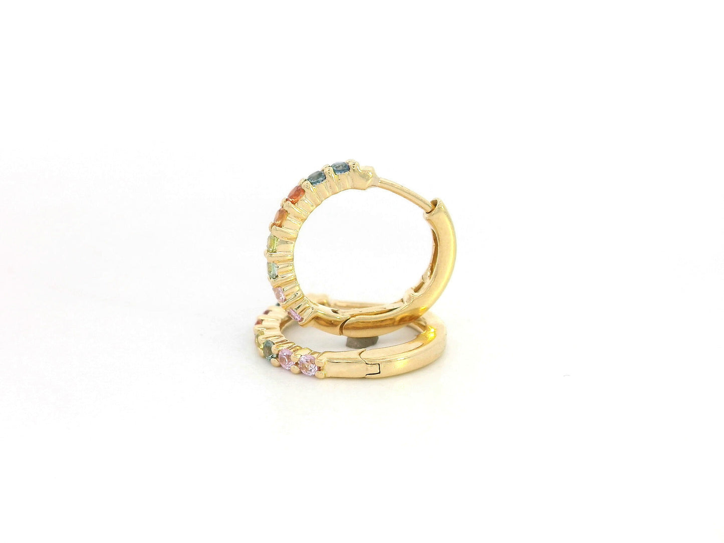 18K yellow gold hoop earrings set with multi-color sapphires, colorful sapphire earrings by Emirates Diamonds