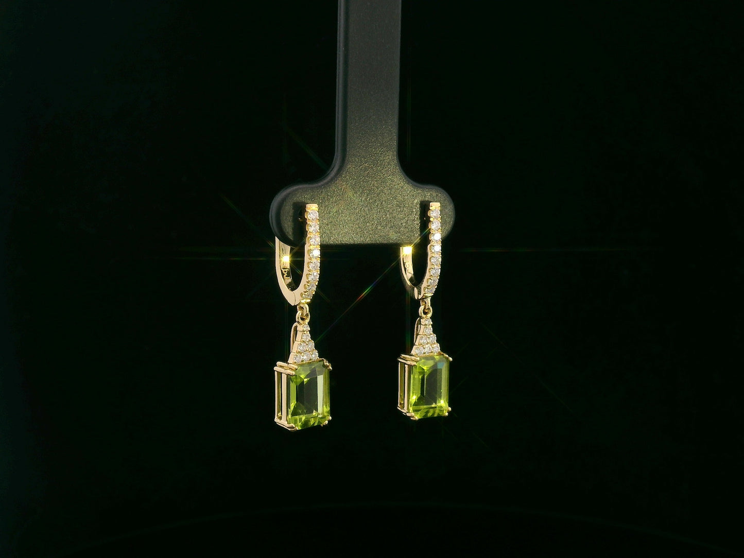 18K yellow gold emerald cut peridot diamond drop earrings by Emirates Diamonds