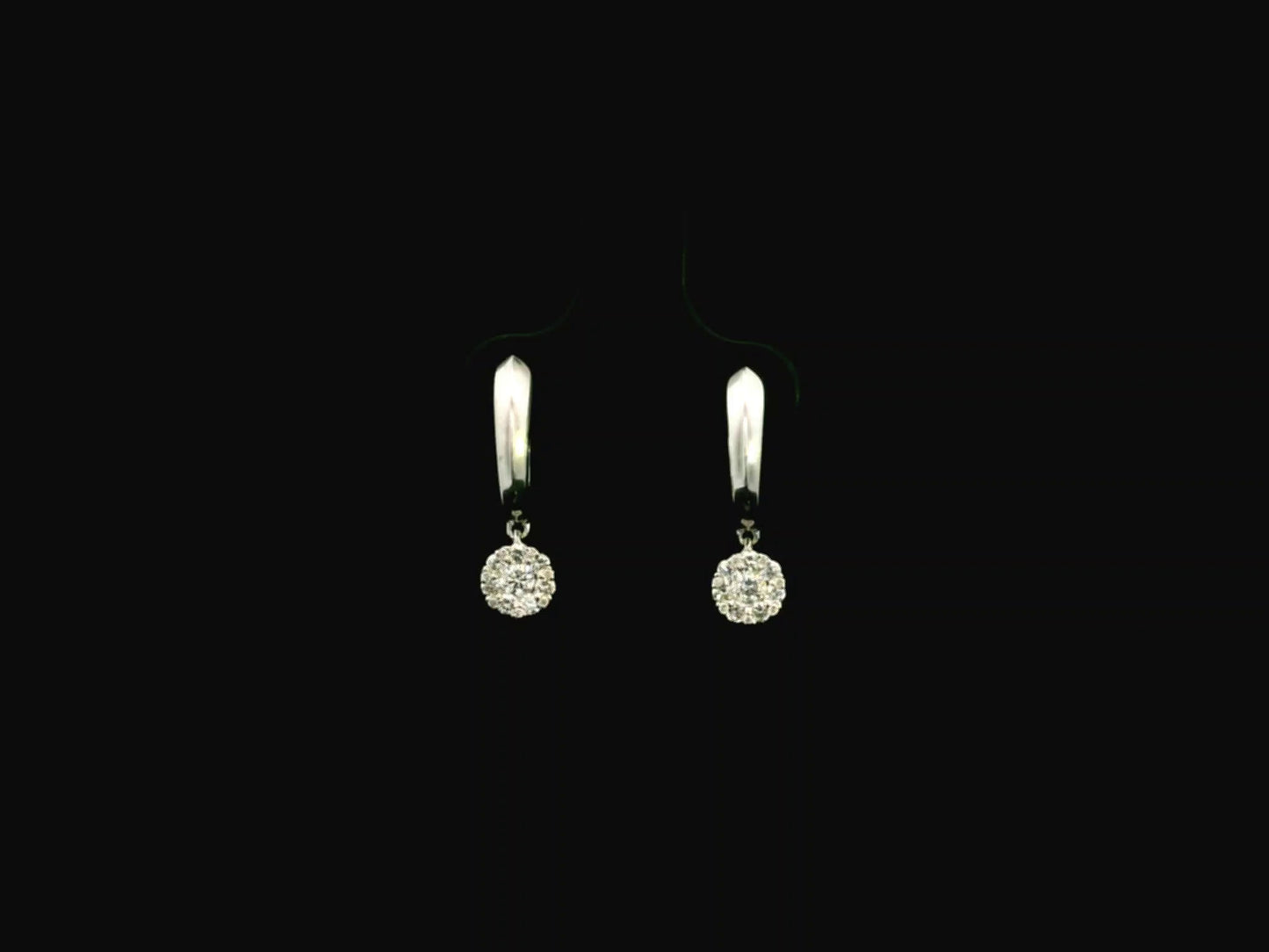 Diamond drop hoop earrings in 18K white gold with cluster diamond drops