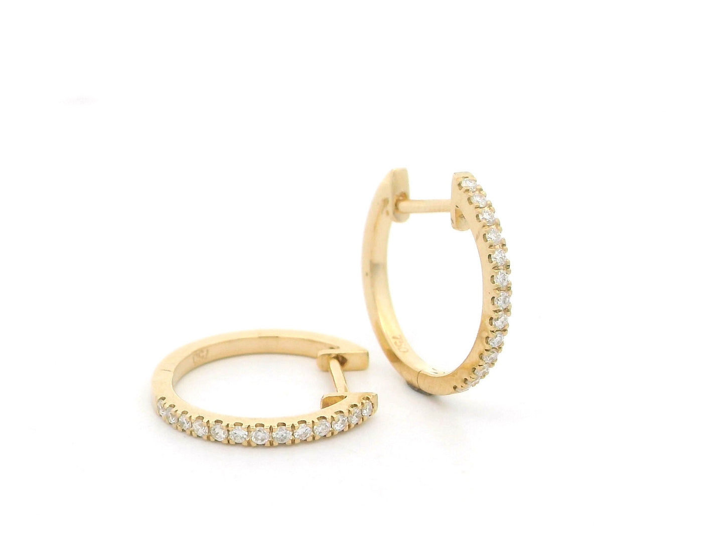 18K yellow gold diamond hoop earrings with slim minimalist design and natural diamonds