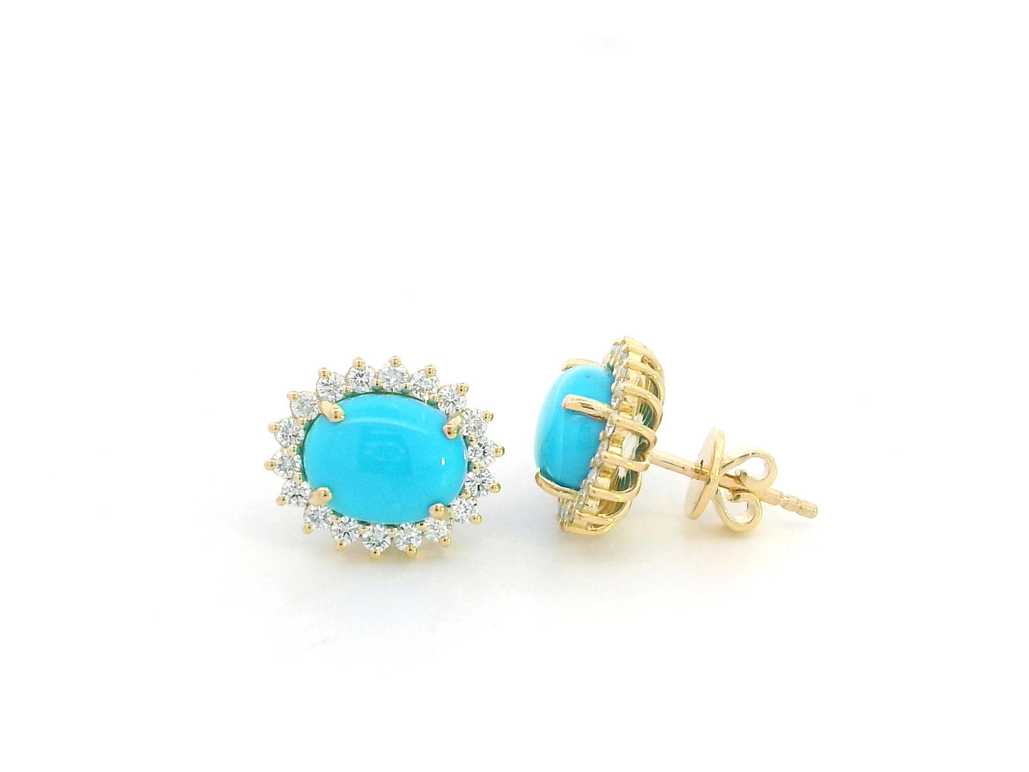 Turquoise and diamond halo stud earrings in 18K yellow gold