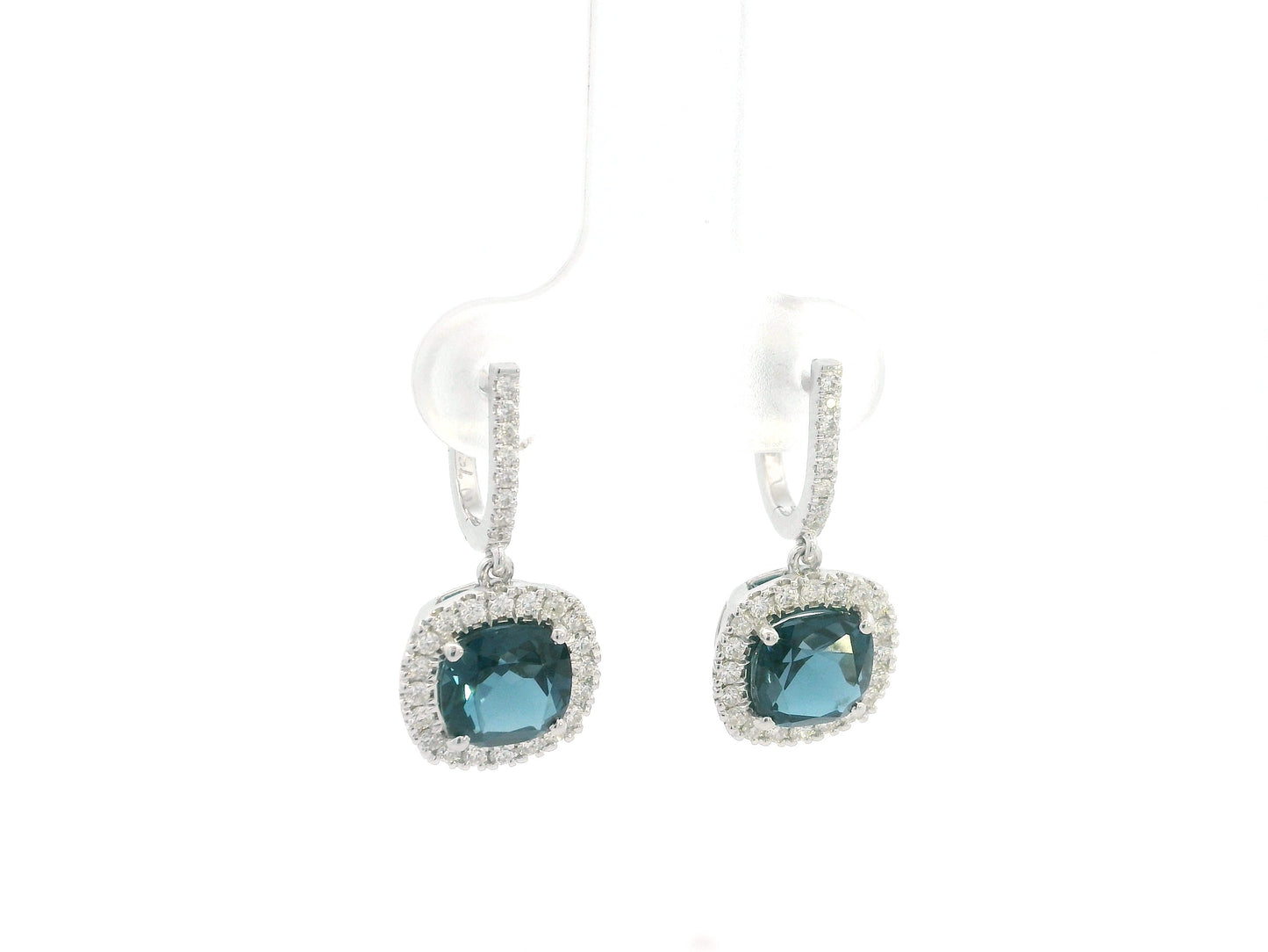 London Blue Topaz and Diamond Halo Drop Earrings in 18K White Gold with 3.28 Carat Cushion Cut London Blue Topaz