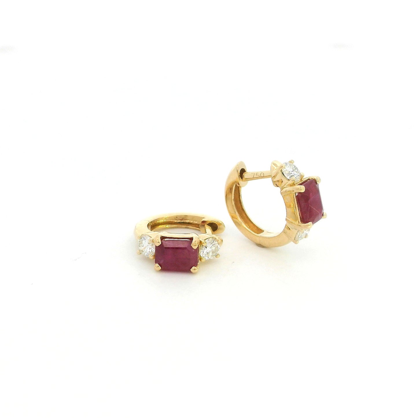 18K Yellow Gold Ruby Hoop Earrings with Natural Diamonds