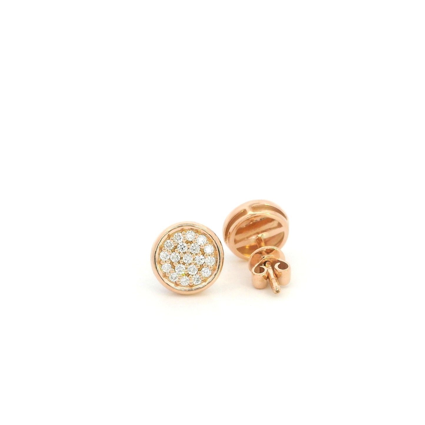 Round diamond cluster stud earrings in 18K rose gold with multiple round diamonds and polished gold border
