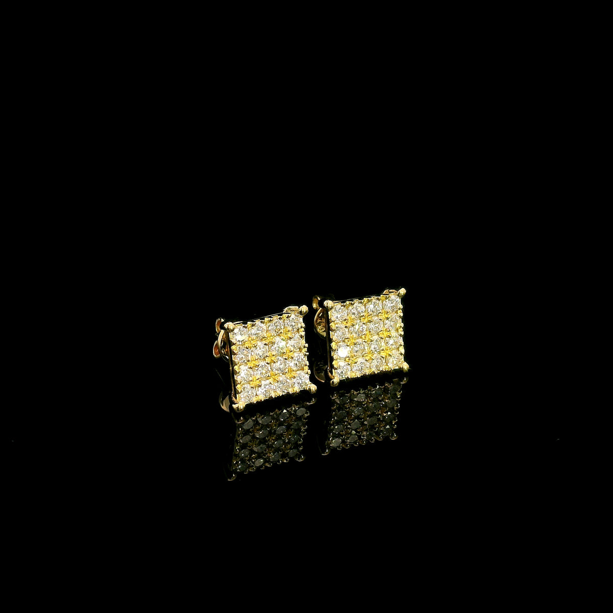 Rectangular diamond cluster stud earrings in 18K yellow gold featuring multiple round brilliant diamonds by Emirates Diamonds.