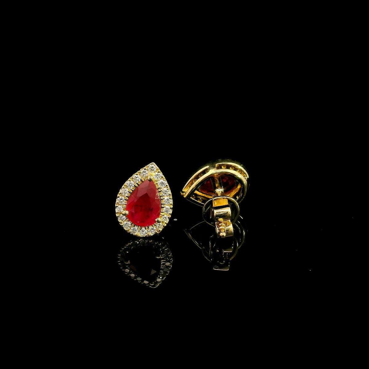 Ruby and Diamond Halo Earrings in 18K Yellow Gold