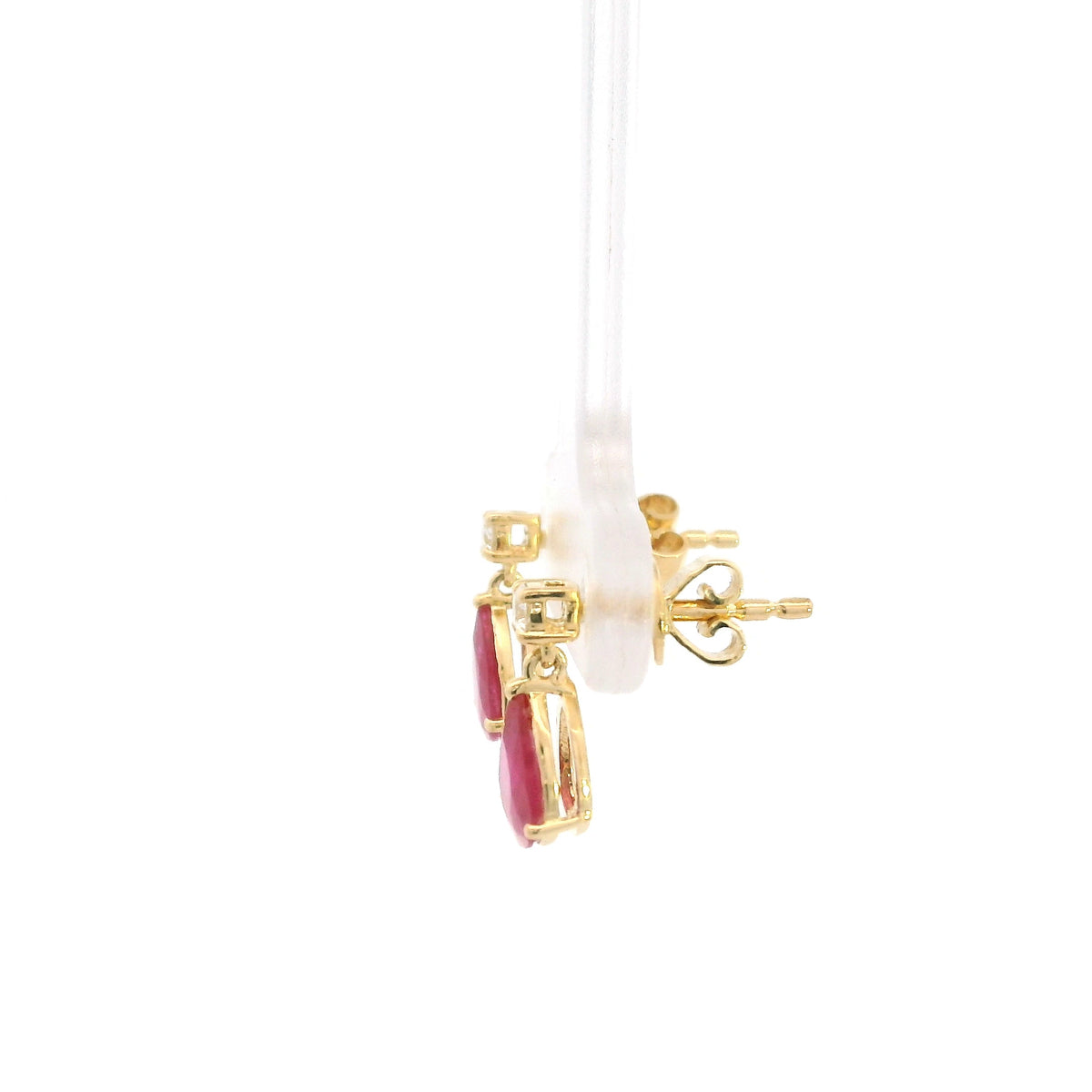 Pear shaped ruby and diamond drop earrings in 18K yellow gold with round diamond accents