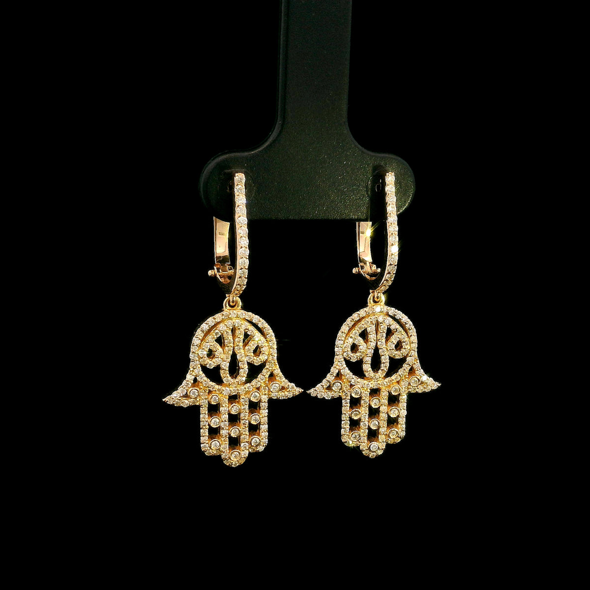 Diamond Hamsa hand drop earrings in 18K rose gold with diamond set hoops