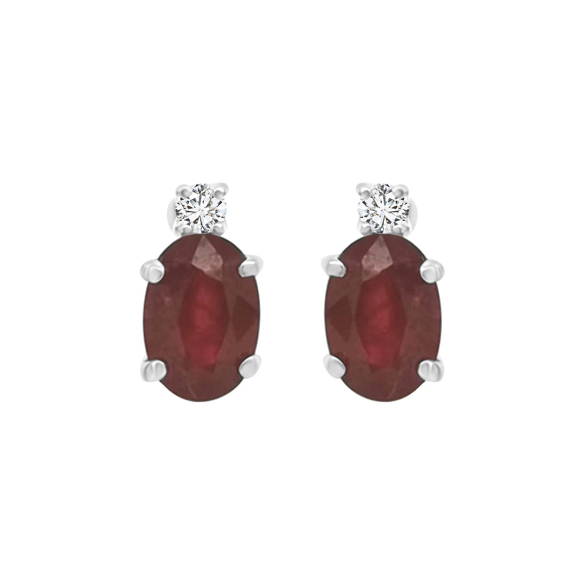 18K white gold earrings featuring a 1.31 carat oval ruby accented by 0.04 carats of diamonds, perfect July birthstone jewelry