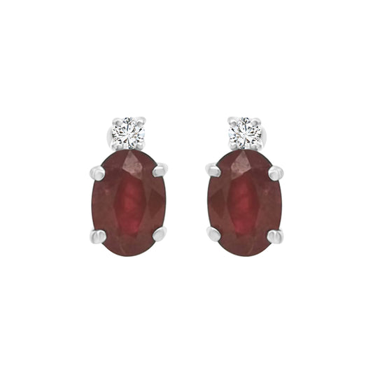 18K white gold earrings featuring a 1.31 carat oval ruby accented by 0.04 carats of diamonds, perfect July birthstone jewelry