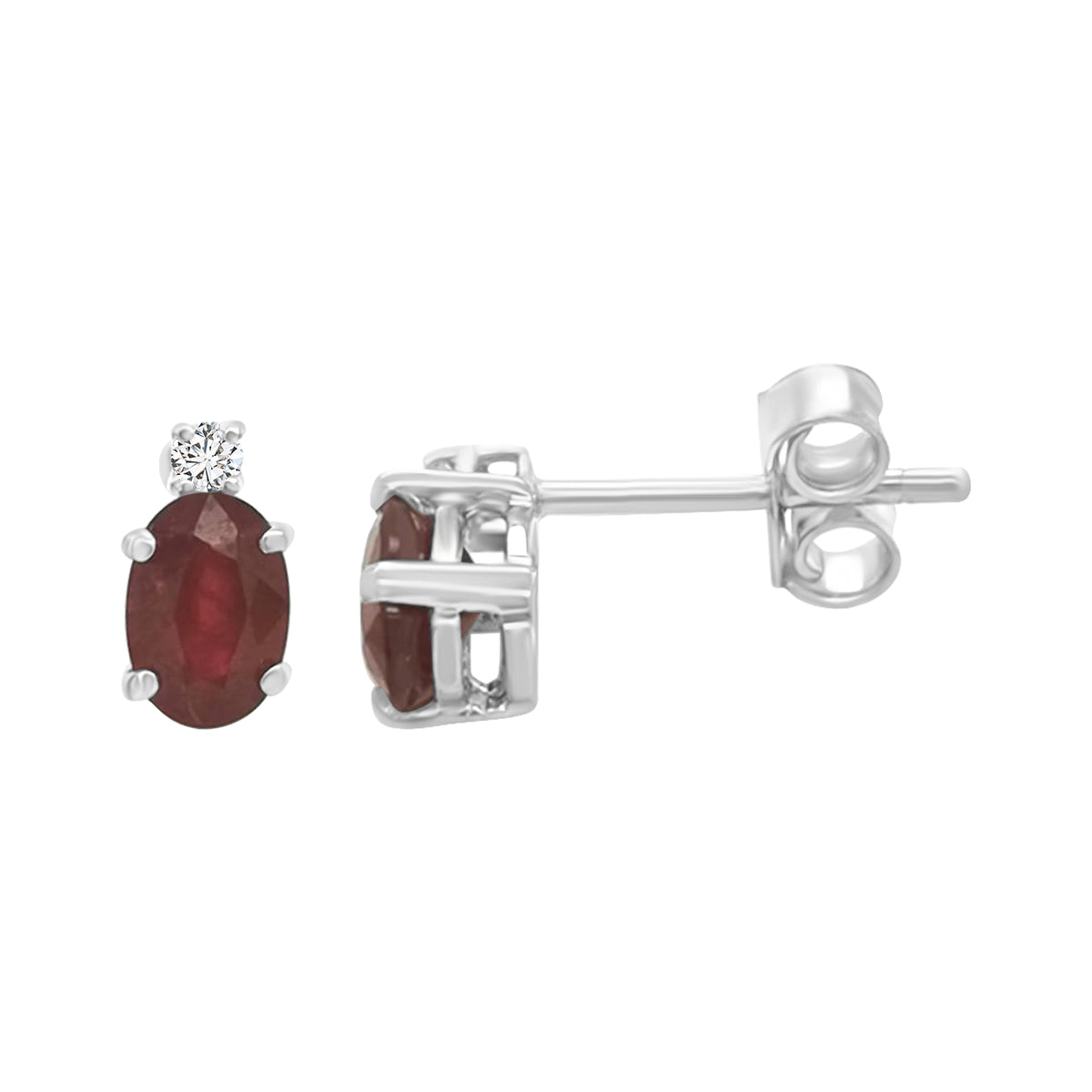 18K white gold earrings featuring a 1.31 carat oval ruby accented by 0.04 carats of diamonds, perfect July birthstone jewelry