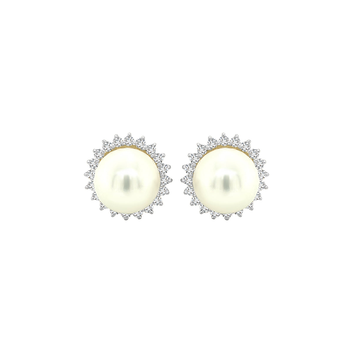Pearl With Diamond Halo Stud Earrings In 18k Yellow Gold.