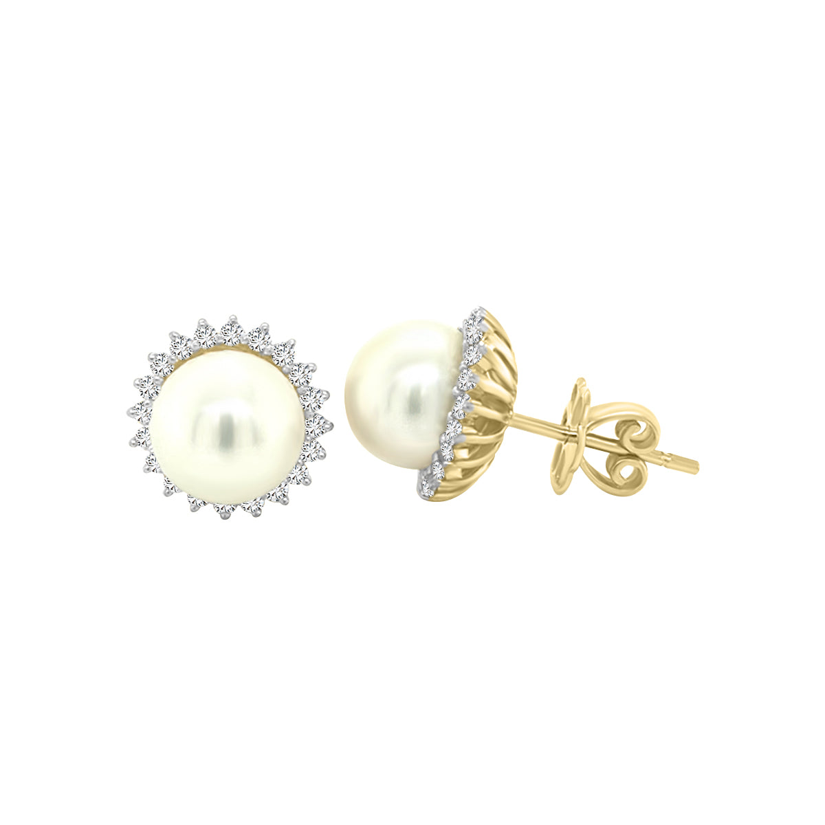 Pearl With Diamond Halo Stud Earrings In 18k Yellow Gold.