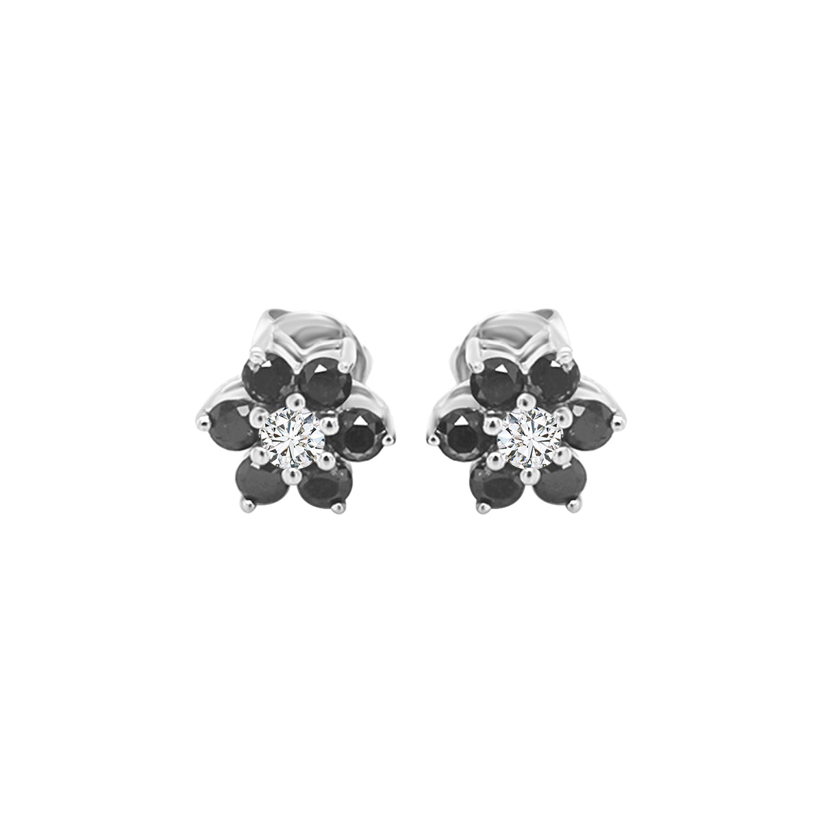 Elegant 18K White Gold Flower Earrings with Black & White Diamonds