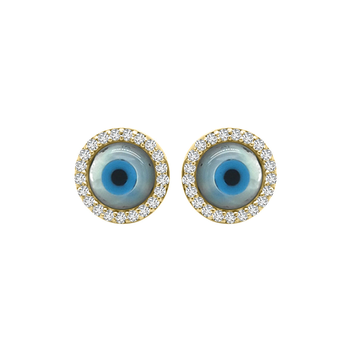 18K Yellow Gold Diamond Halo Evil Eye Stud Earrings – 0.10 Carat Diamonds