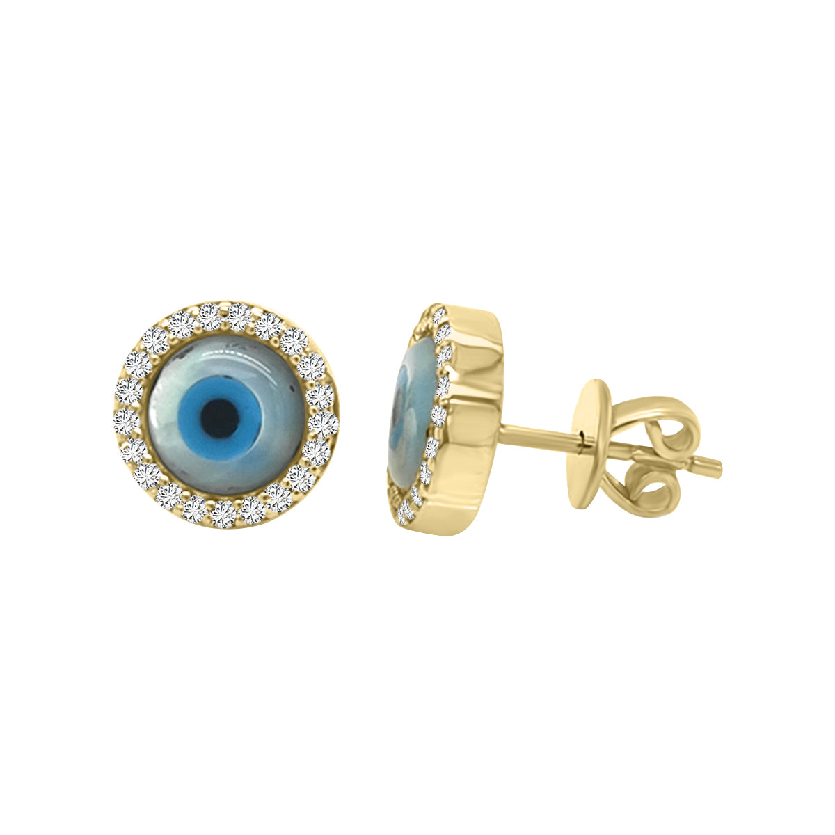 18K Yellow Gold Diamond Halo Evil Eye Stud Earrings – 0.10 Carat Diamonds