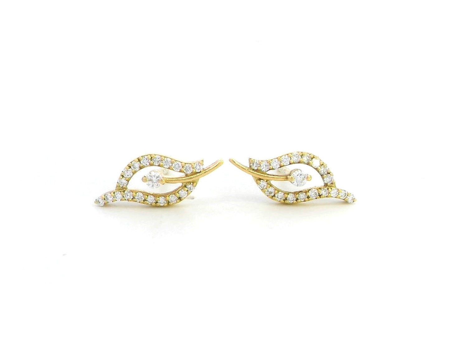 18K gold leaf-shaped stud earrings with 0.31 carats of natural diamonds, featuring a delicate openwork design and a secure butterfly backing.