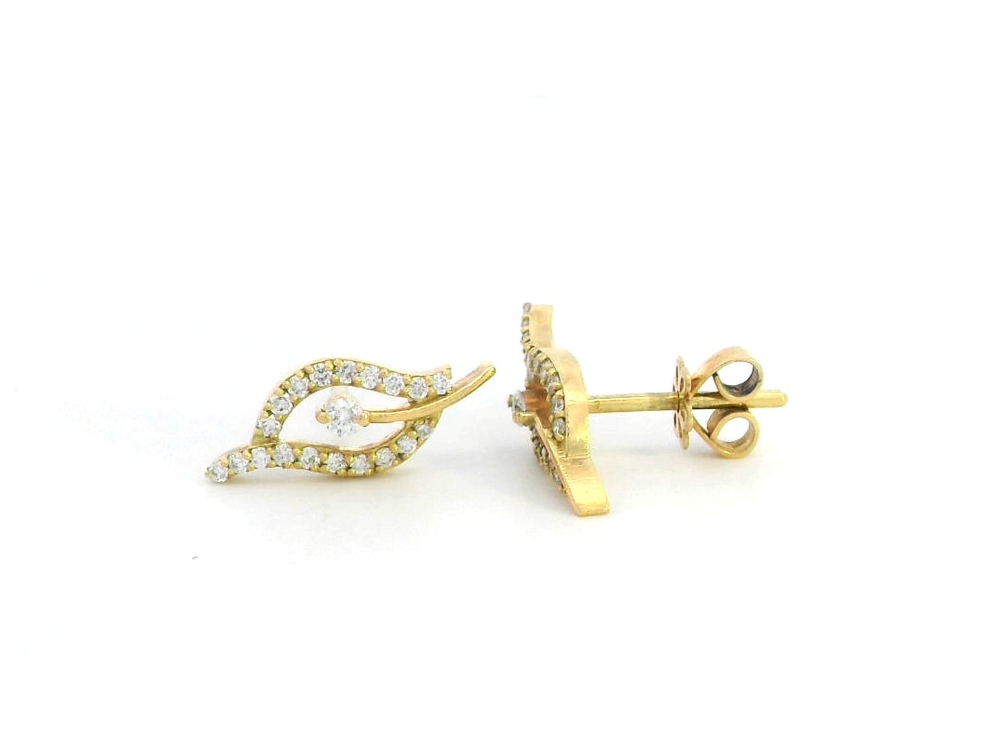 18K gold leaf-shaped stud earrings with 0.31 carats of natural diamonds, featuring a delicate openwork design and a secure butterfly backing.