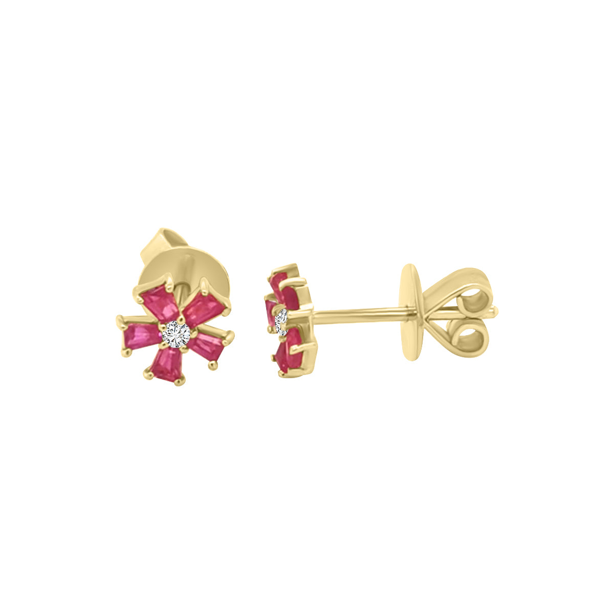 Flower Design Ruby And Diamond Earrings In 18k Yellow Gold.