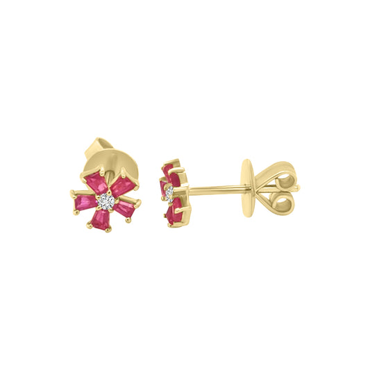 Flower Design Ruby And Diamond Earrings In 18k Yellow Gold.