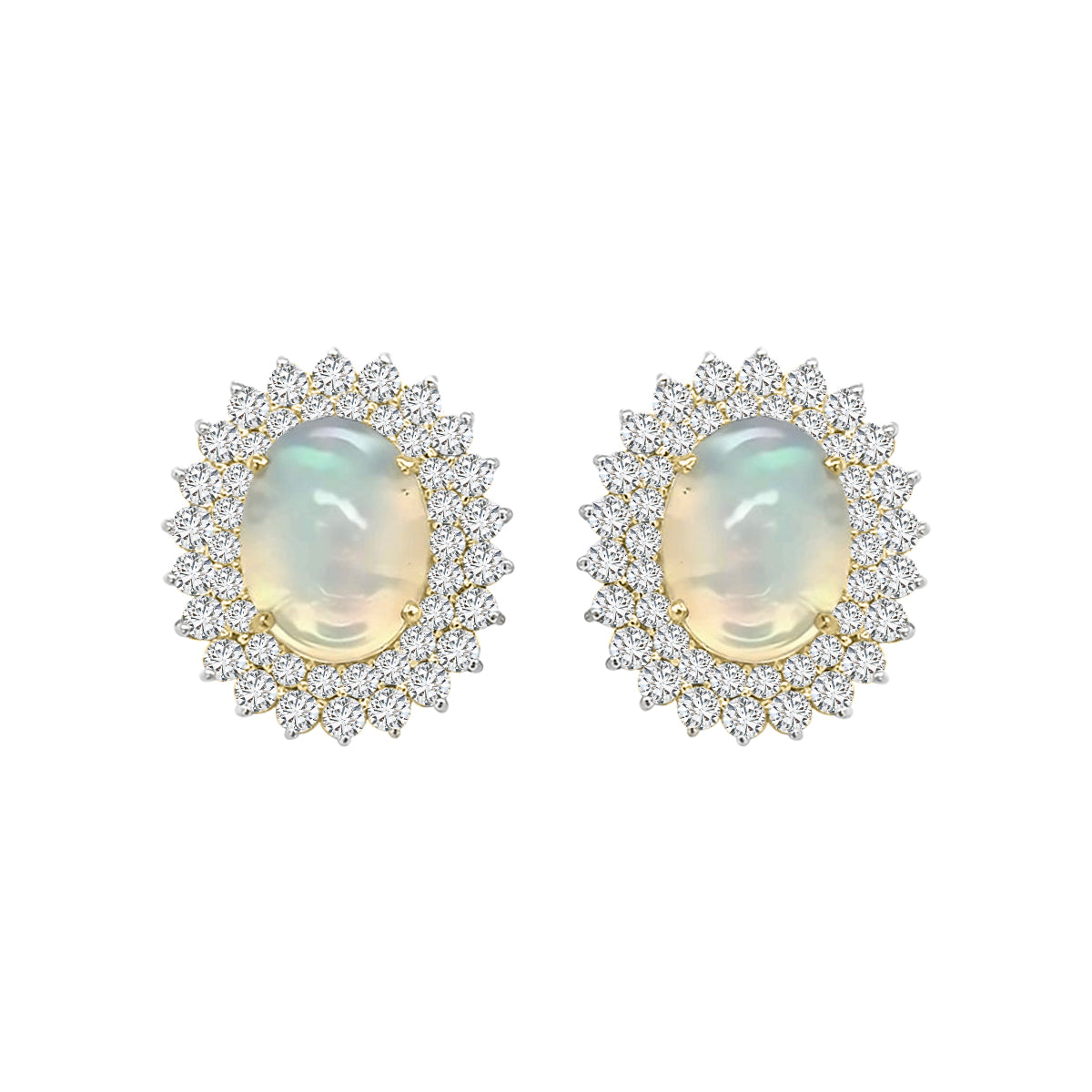 Double Diamond Halo And Opal Earrings In 18k Yellow Gold.