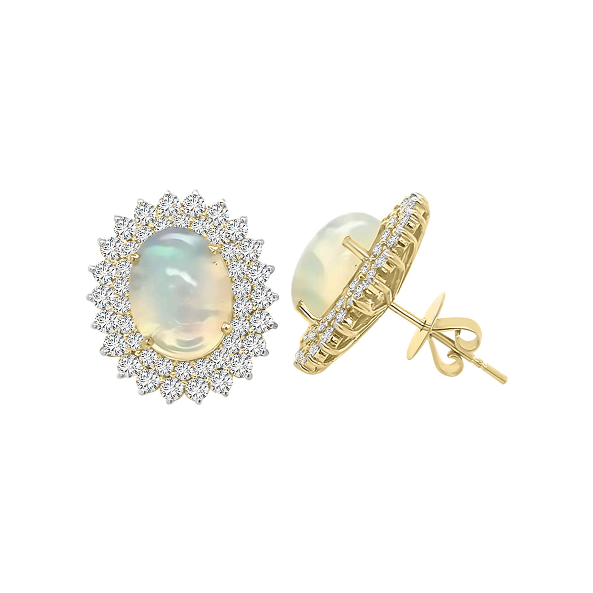 Double Diamond Halo And Opal Earrings In 18k Yellow Gold.