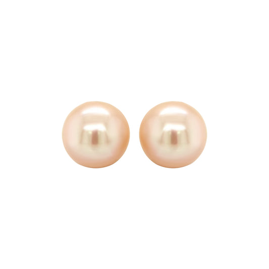 Fresh Water Peach Pearl Stud Earrings In 18k Yellow Gold.