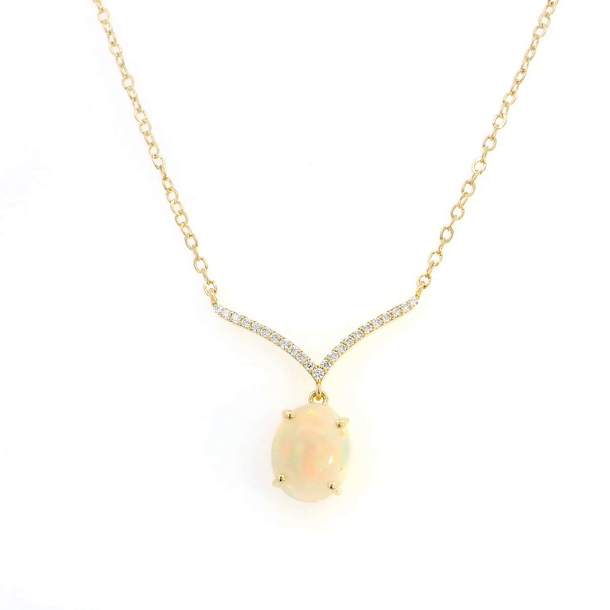 18K gold necklace with a 1.30-carat oval opal pendant, accented by a V-shaped row of pave-set diamonds totaling 0.10 carats, suspended on a delicate gold chain.