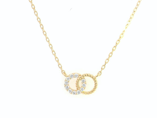 18K Gold Interlocking Circles Diamond Necklace featuring 0.14 carats of round-cut diamonds, elegant twisted rope detail, and a dainty gold chain – perfect for gifting or everyday elegance.
